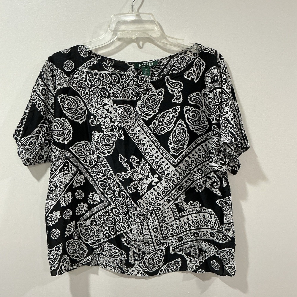 Lauren Ralph Lauren Short Sleeve Top Bandana Paisley Floral Black‎ White Size M